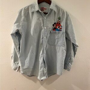 Vintage Chambray Disney Mickey Goofy Light Blue Embroidered Button Down Size M